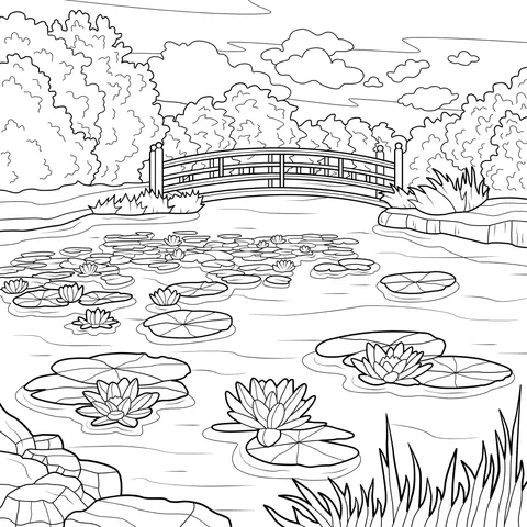 Red Bridge and Water - lilies on the Pond