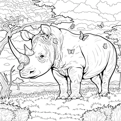 Rhino and Butterflies in Nature
