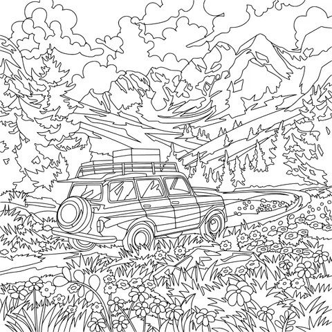 Station Wagon on a Mountain Flower - lined Path