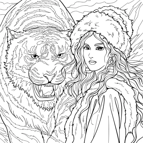 A woman in a red dress and hat with a tiger