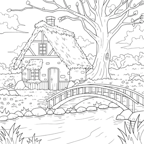Scenery of a Rustic Cottage and a Stream