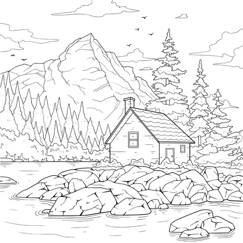 Cottage by the lakeside in the mountains