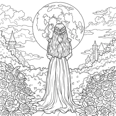 Woman in a long - dress under the moon