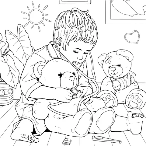 Child Playing Doctor and Taking Care of Teddy Bears