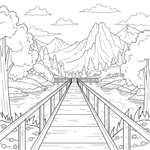 Wooden Bridge Leading to Mountains and Forests