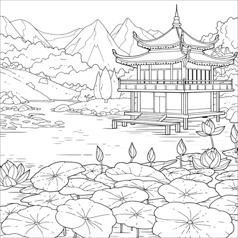 Chinese - style Pavilion and Lotus Scenery by the Lake