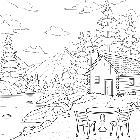 Log - cabin scenery by the mountain lake