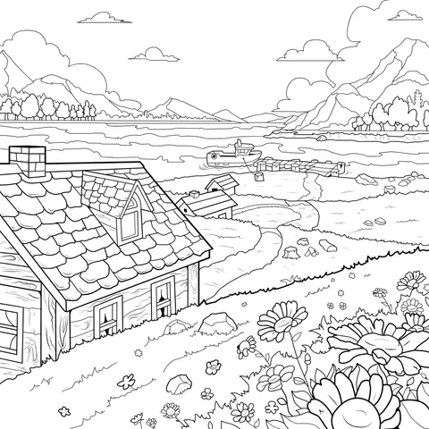 Scenery of a Wooden House by the Lake