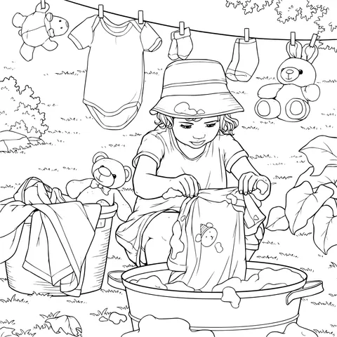 Little Girl Doing Laundry Outdoors