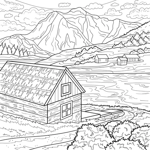 Scenery of a Log - cabin by the Lake