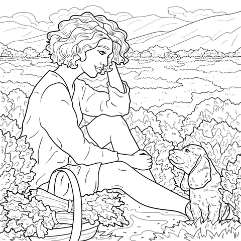 Woman and Dog's Pastoral Time