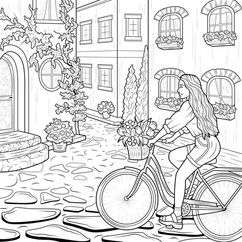 Girl Cycling in a Colorful Alley