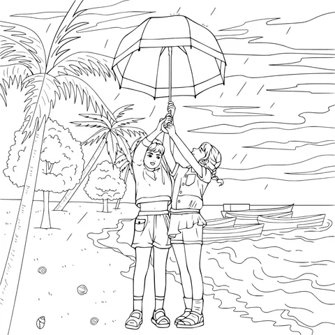Children holding an umbrella on the beach