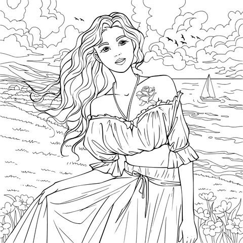 Beautiful Woman on the Seaside Meadow