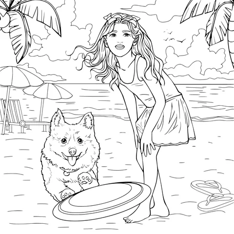 Girl playing frisbee with a corgi on the beach