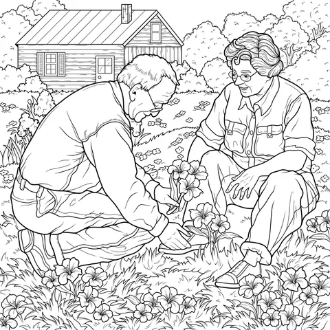 Elderly couple admiring purple flowers in the garden