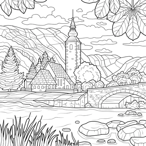 Church Scenery by the River and in the Mountains