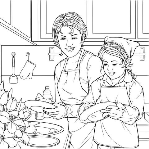 Mother - daughter Dish - washing in the Kitchen
