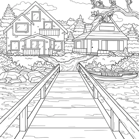 Wooden Houses by the River and a Wooden Bridge
