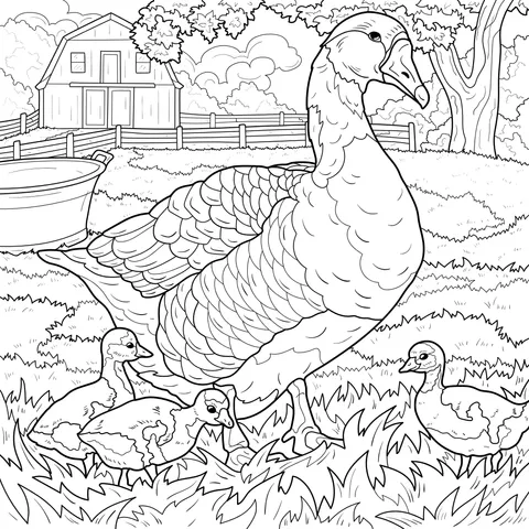 Mother goose and goslings on the farm