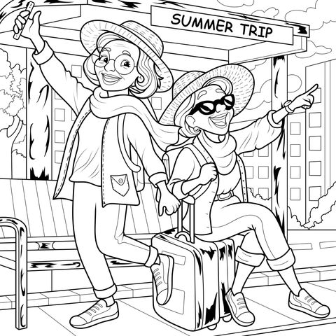 Coloring Page of Two Elderly Women's Summer Trip