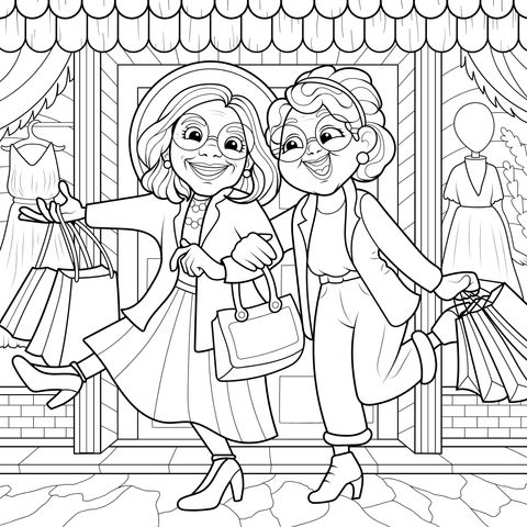 Coloring Page of Two Elderly Women Shopping Happily