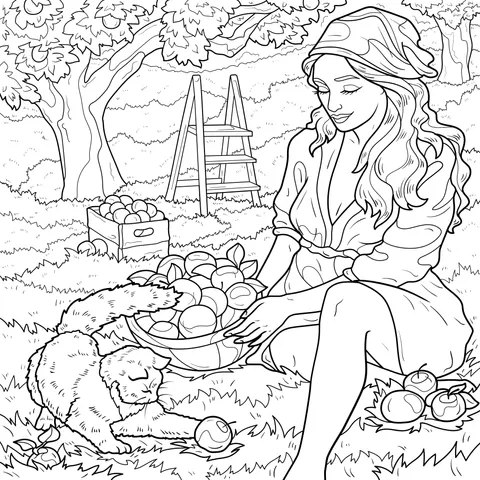 Woman picking apples with a cat in the orchard