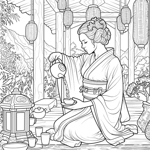 A woman in traditional clothing making tea in a pavilion