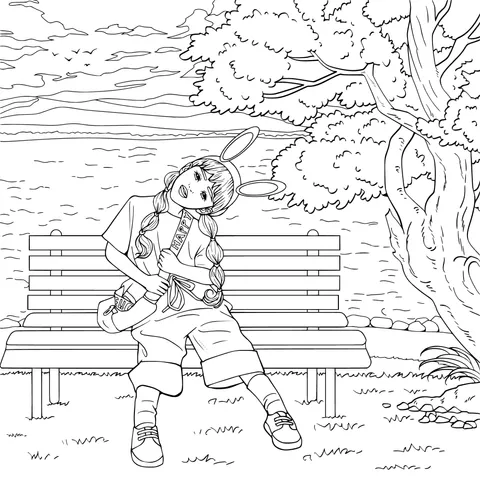 Girl resting on a bench by the lake