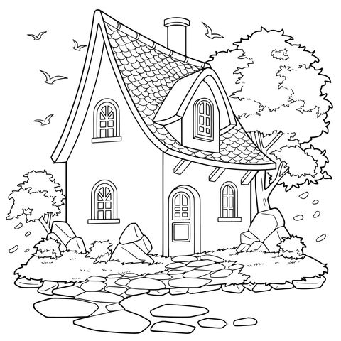 Autumn Cottage Landscape Coloring Page