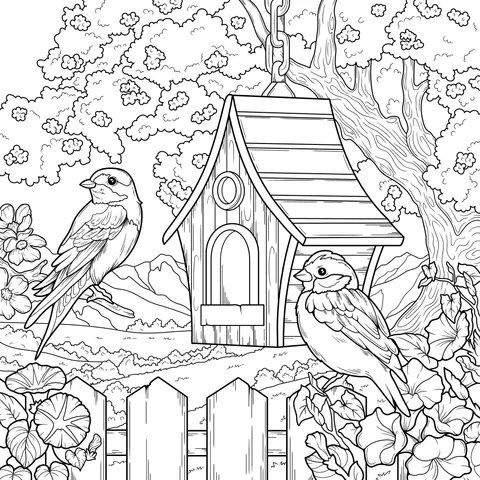 Birdhouse and Birds in the Garden