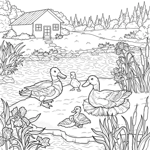 A duck family by the pond