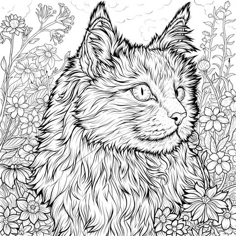 Long - haired Cat in the Flower Bed