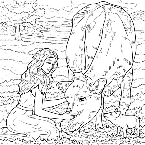 Girl interacting with a cow and a piglet