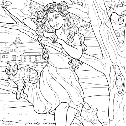 Red - haired Woman and Cat under the Tree