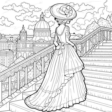 A lady in vintage attire standing on the staircase