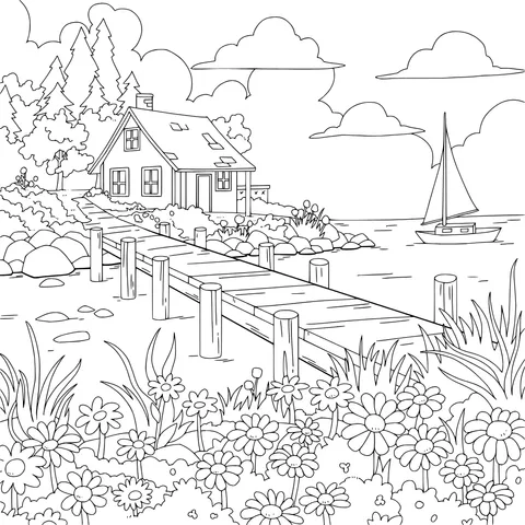 Lakeside Cottage and Pier Scenery