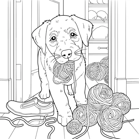 Puppy with wool in its mouth