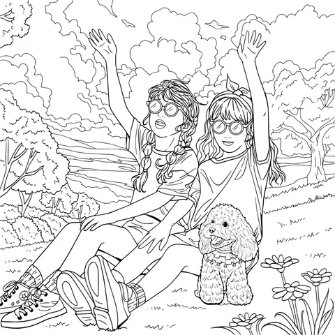 Girls' Joyful Outdoor Time with a Puppy