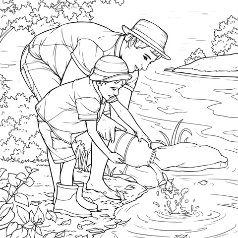 Father and son releasing fish by the river