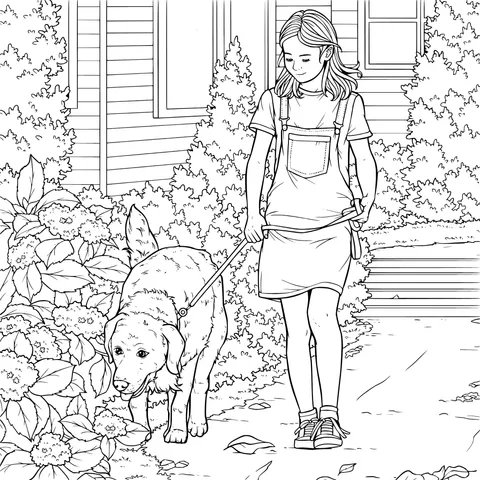 Girl walking a dog outdoors