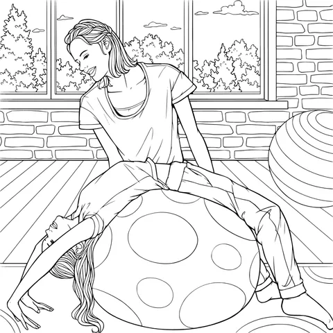Woman assisting girl in exercising on a fitness ball