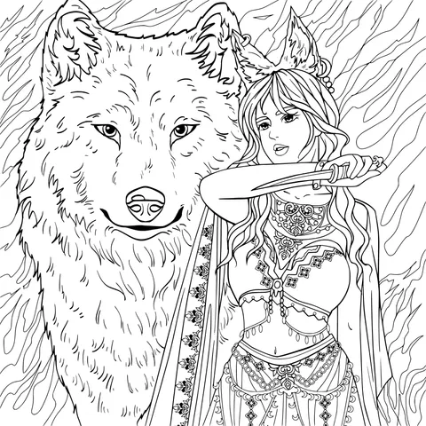 Sword - holding Girl and Wolf
