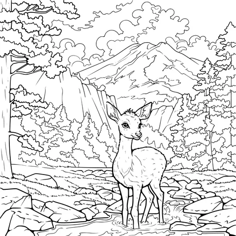 Deer by the Streamside and Mountain - forest Scenery