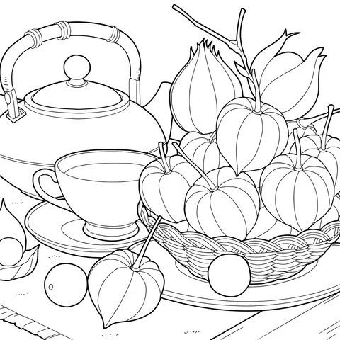 Teapot, Teacup and Physalis Fruits