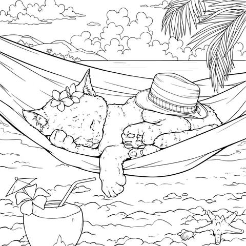 A Cat Relaxing in a Hammock on the Beach