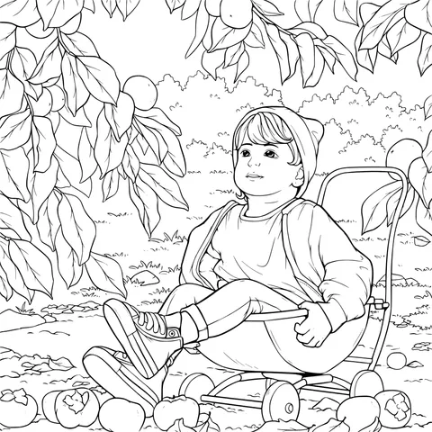 Child in a wheelbarrow and orange trees
