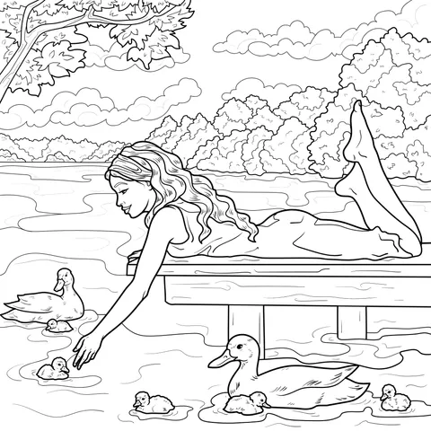Girl Feeding Ducks by the Lake