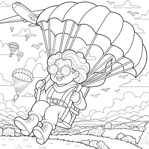 Cartoon Coloring Page of an Old Grandma Parachuting