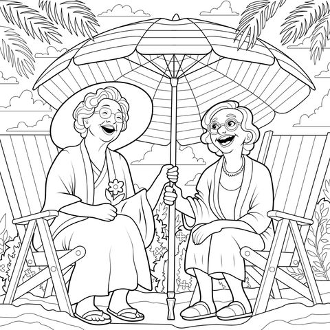 Coloring Page of Two Grandmothers on the Beach